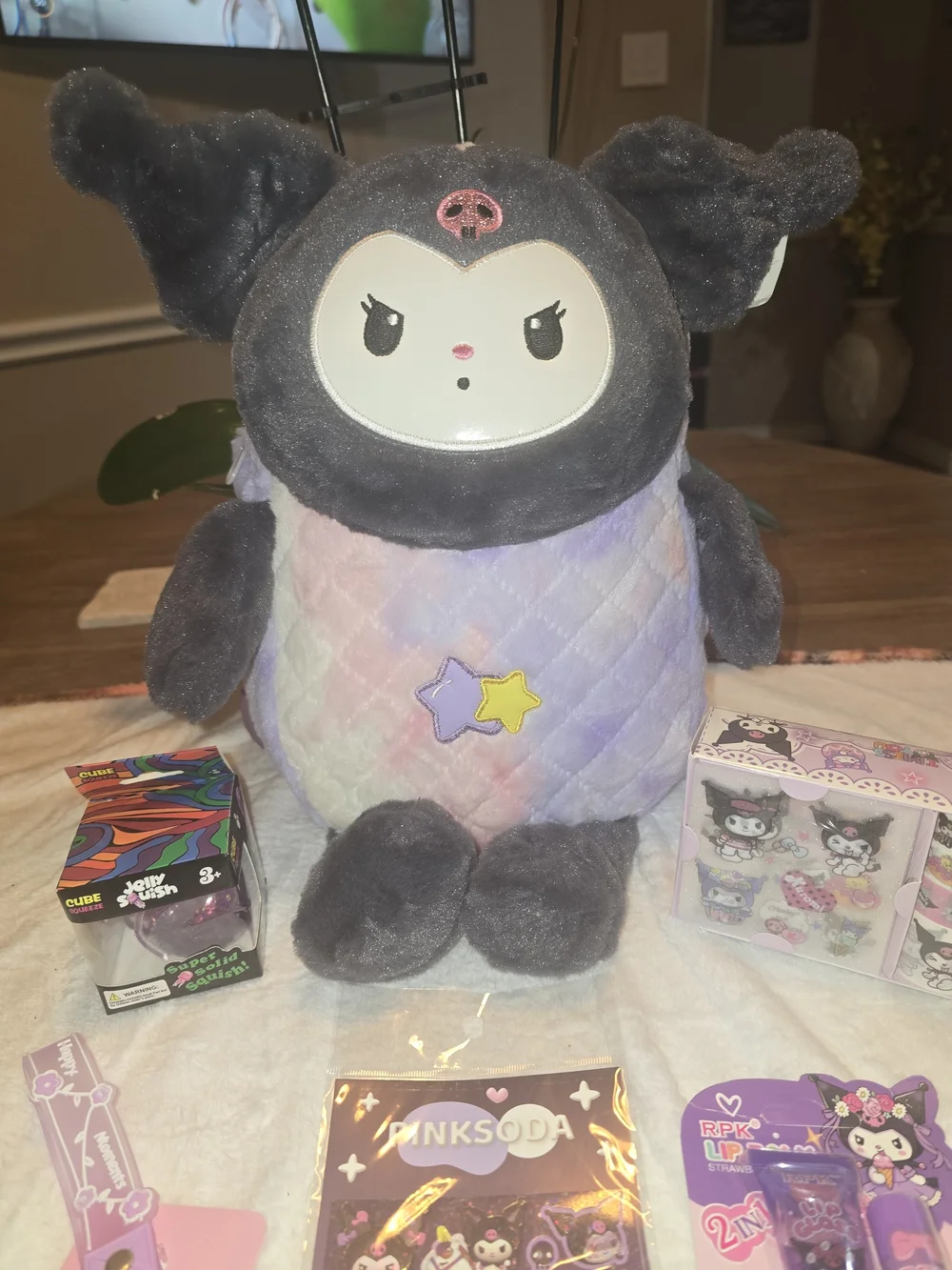 Sanrio Kuromi Purple Plush Backpack & Mega Stationery Lip Gloss Accessory Bundle